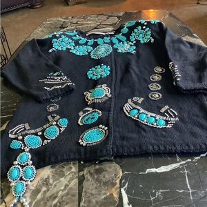 Michael Simon heavily embellished turquoise beaded silver sequin black cardigan